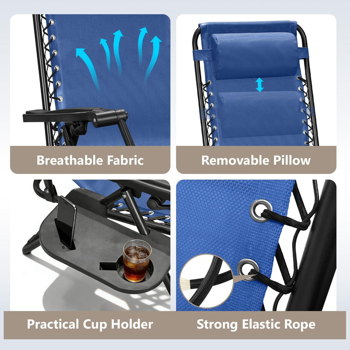 Blue Set of 2 Zero Gravity Lounge Chair with Pillow & Cup Holder C17378