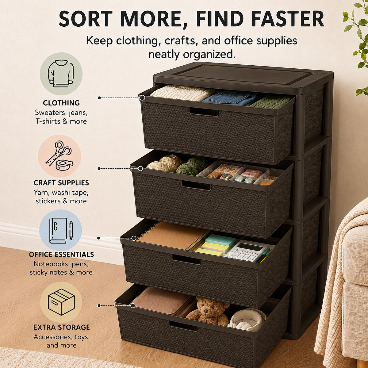 Brown 4-Drawer Plastic Storage Tower C52107