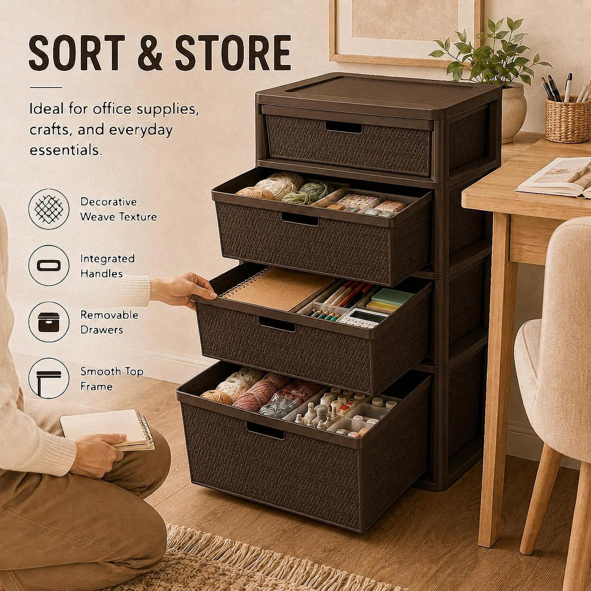 Brown 4-Drawer Plastic Storage Tower C52107