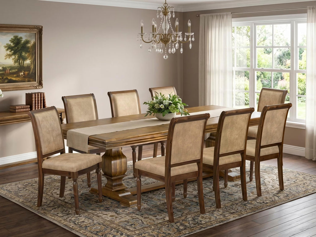 9 Piece Dining Table Set with 8 Beige Fabric Chairs D34025