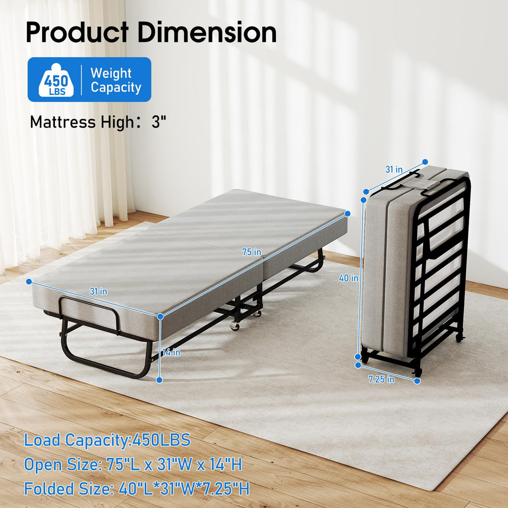 Folding Bed with Mattress, Memory Foam and Metal Frame, 75" x 31" D1447