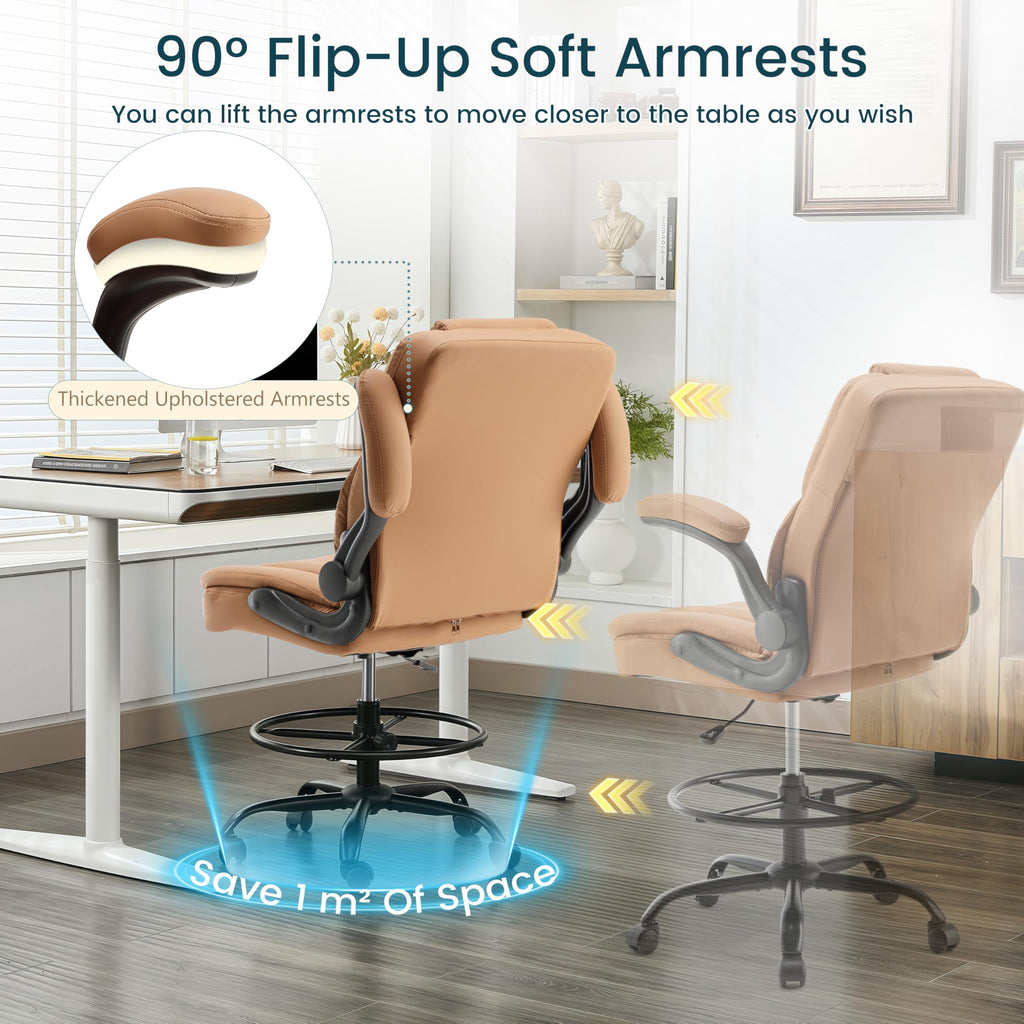 Brown PU Leather Drafting Chair with Flip-up Armrests C69855
