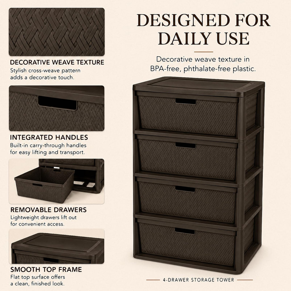 Brown 4-Drawer Plastic Storage Tower C52107
