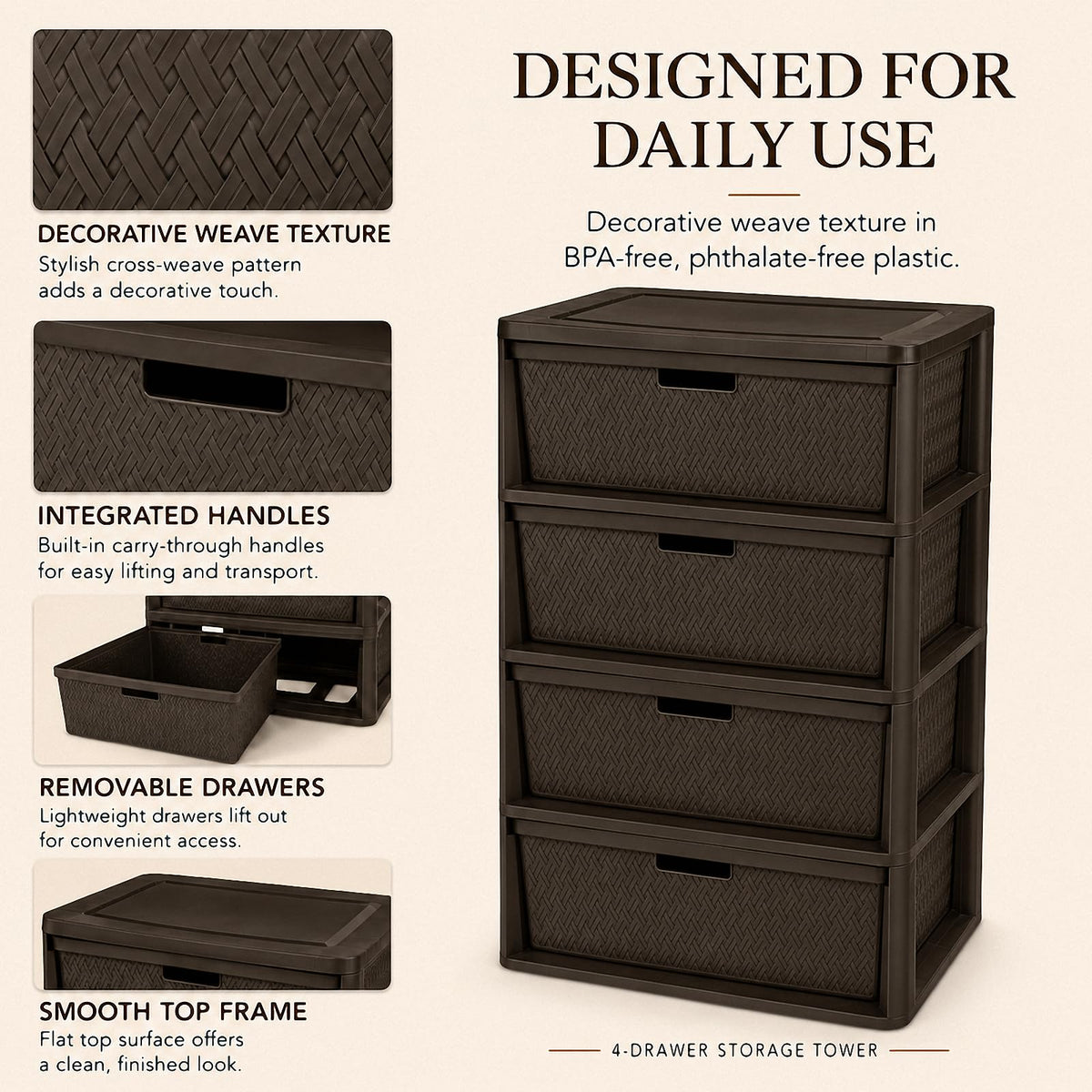 Brown 4-Drawer Plastic Storage Tower C52107