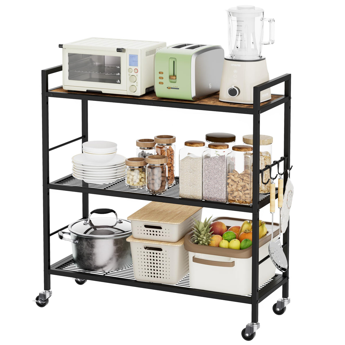 3-Tier Metal Storage Rack with Wheels, Mesh Shelving Unit, Black C1002
