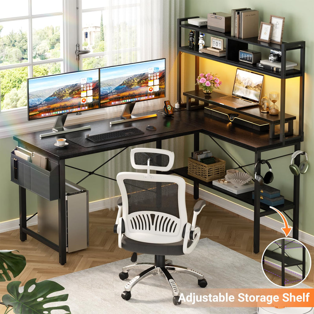 L Shaped Gaming Desk with Power Outlets & LED Lights, Black O592