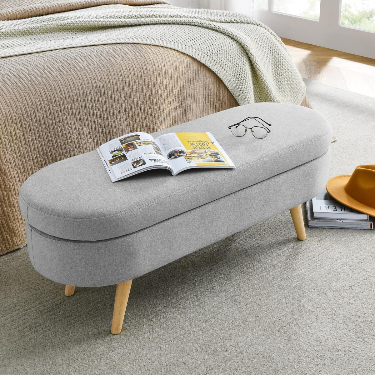 Oval Storage Bench with Rubber Wood Legs Q933216