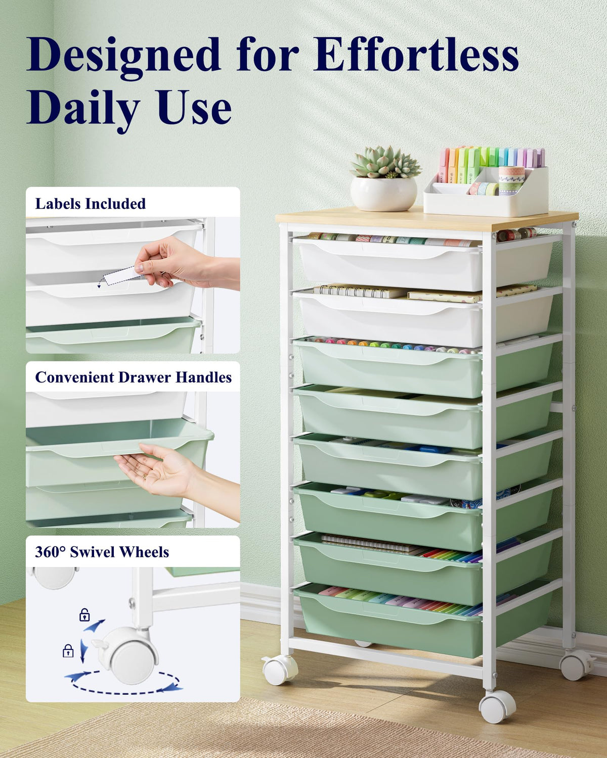 Green 8 Drawer Rolling Storage Cart W3204
