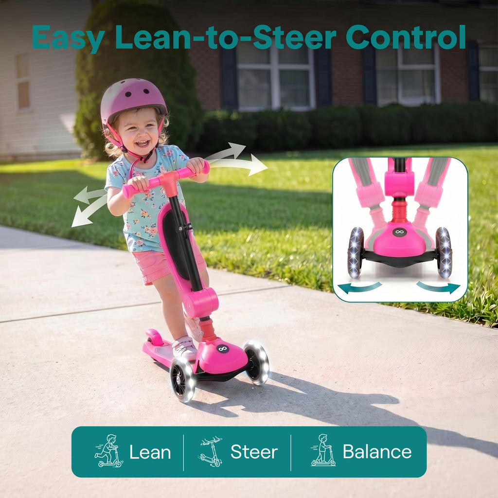 3 Wheel Scooter for Toddlers & Kids, Foldable Seat, LED Wheels, Adjustable Handlebar, Anti-Slip Deck, Rear Foot Brake, Lean-to-Steer, Pink K373819