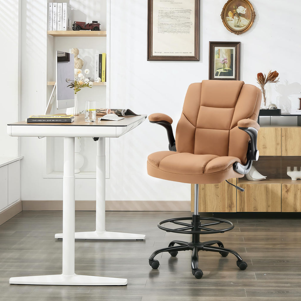 Brown PU Leather Drafting Chair with Flip-up Armrests C69855