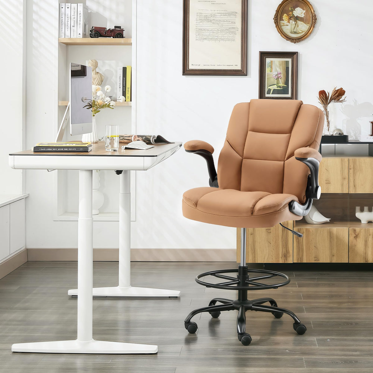 Brown PU Leather Drafting Chair with Flip-up Armrests C69855