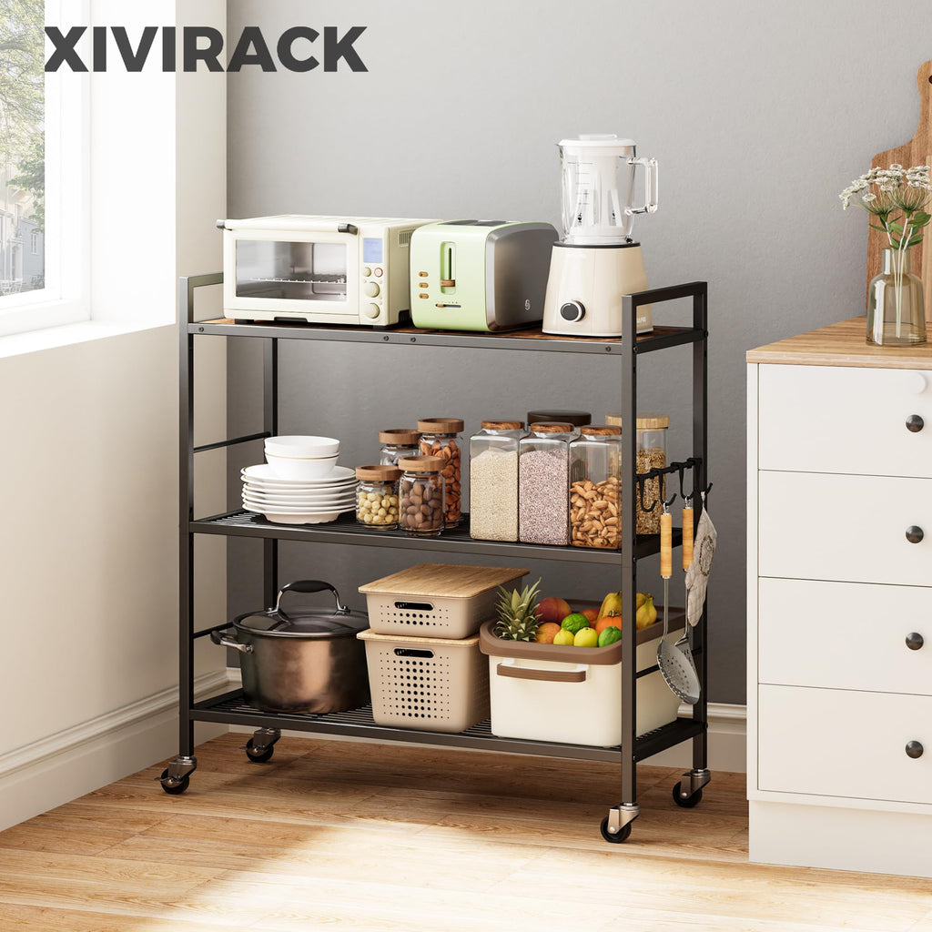 3-Tier Metal Storage Rack with Wheels, Mesh Shelving Unit, Black C1002