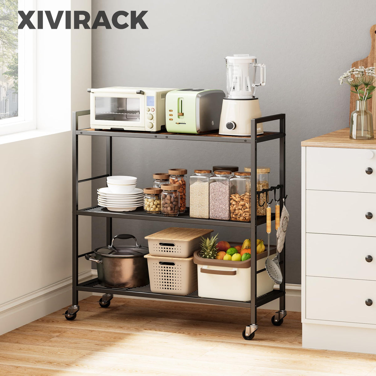 3-Tier Metal Storage Rack with Wheels, Mesh Shelving Unit, Black C1002