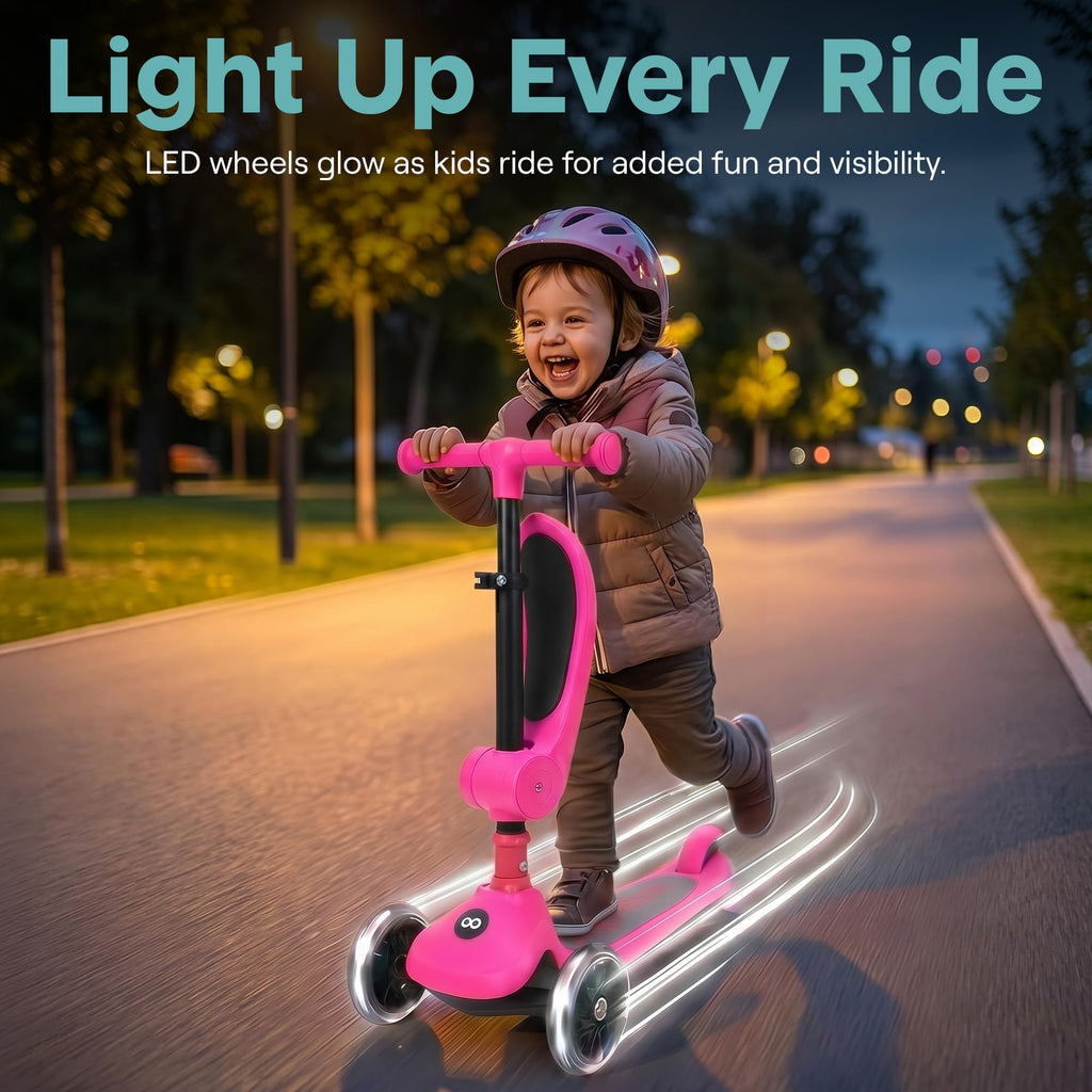 3 Wheel Scooter for Toddlers & Kids, Foldable Seat, LED Wheels, Adjustable Handlebar, Anti-Slip Deck, Rear Foot Brake, Lean-to-Steer, Pink K373819