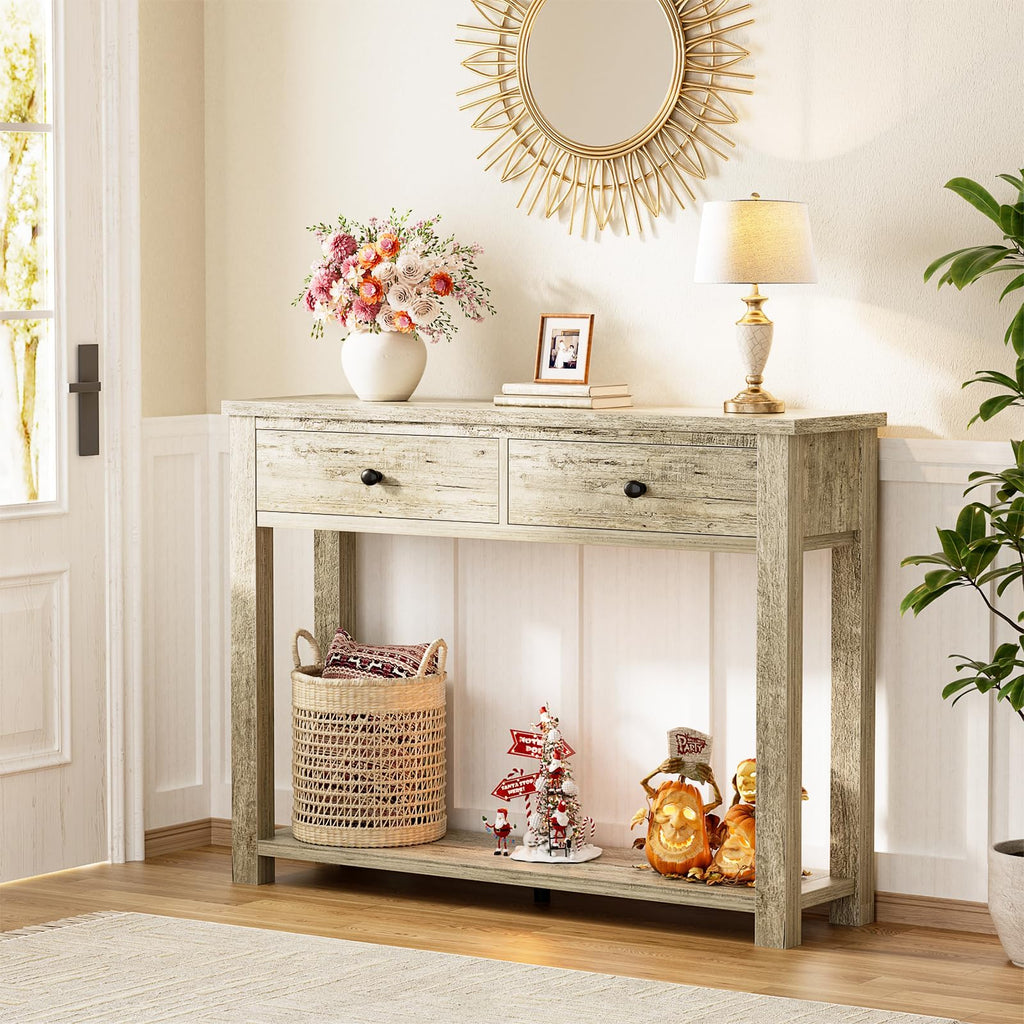 32 Inch Light Rustic Oak Console Table with 2 Drawers M994