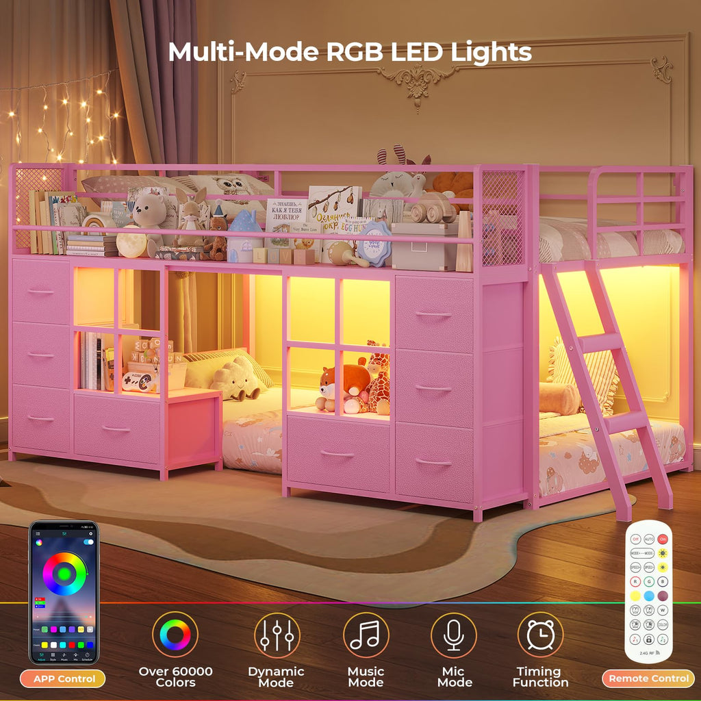 Twin Over Twin Bunk Bed with 8 Drawers & Bookshelf D17288