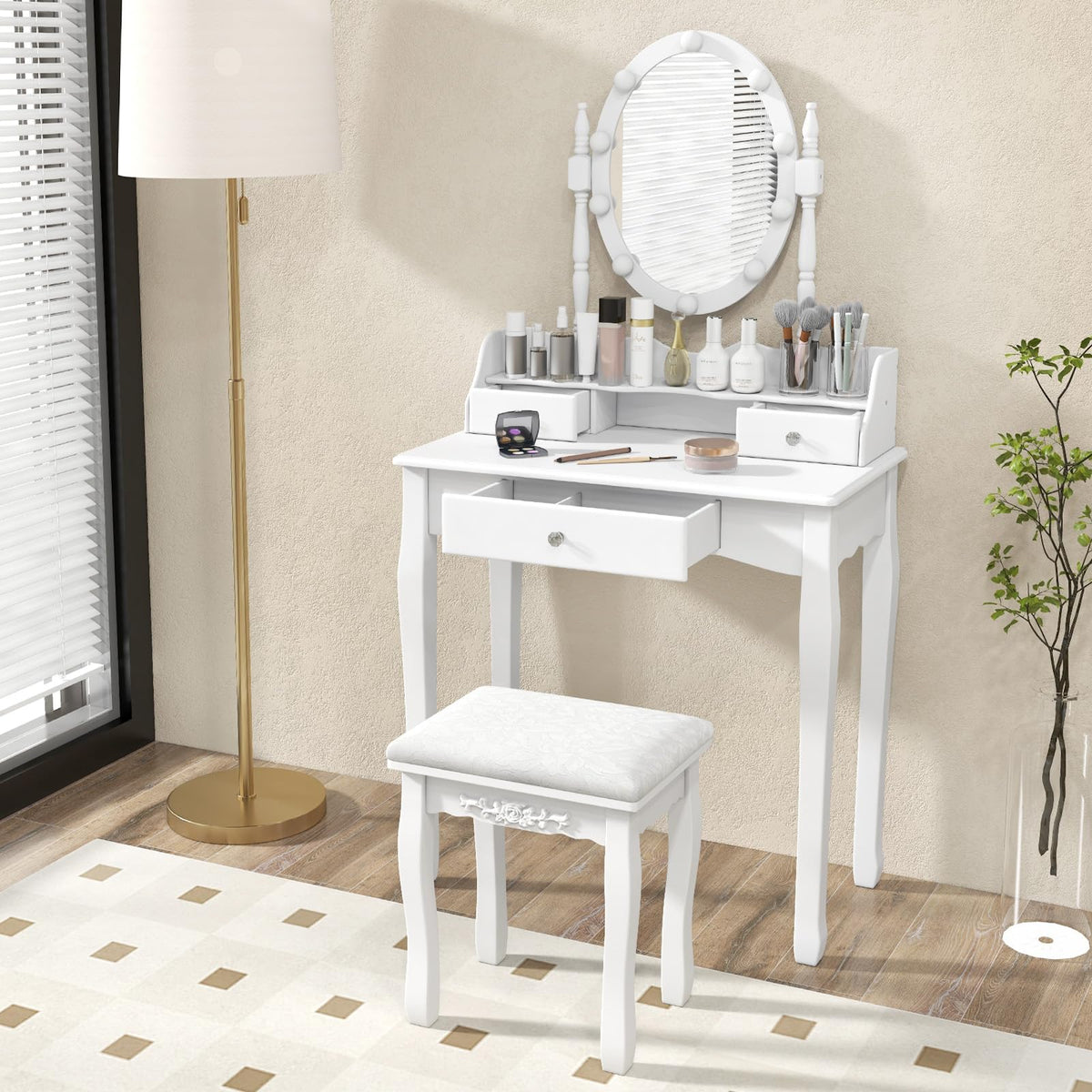White Makeup Vanity Desk with Lighted Mirror and Stool H382467