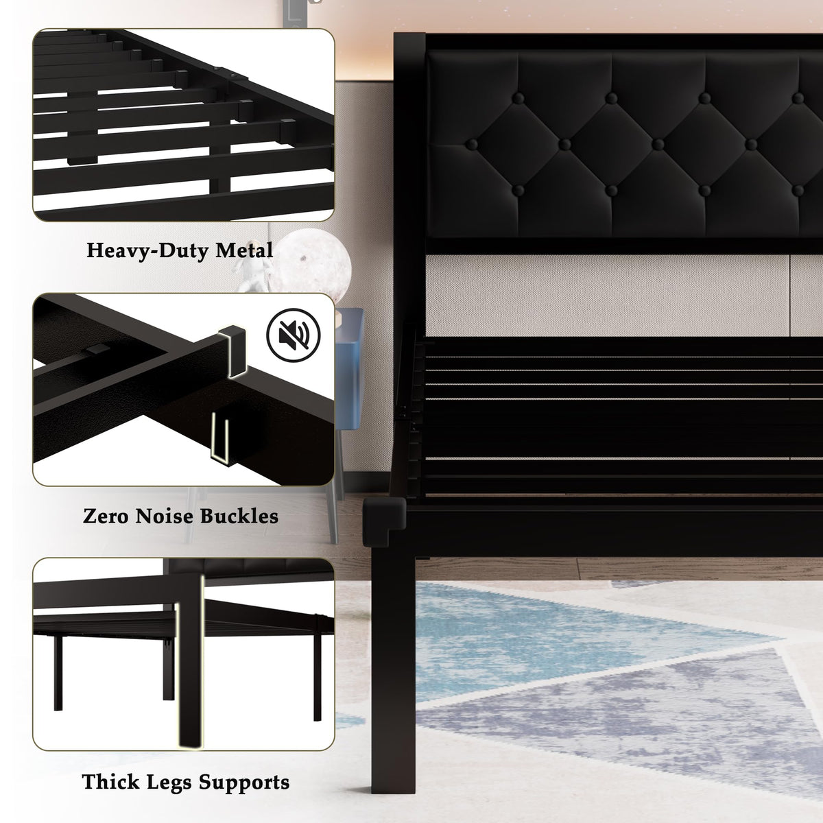 Twin Size Black Metal Platform Bed Frame with Faux Leather Tufted Headboard F1608