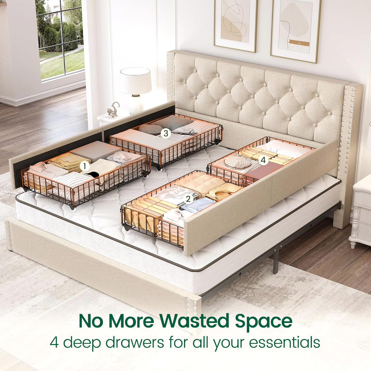 Queen Size Linen Upholstered Platform Bed Frame with 4 Storage Drawers Z54172