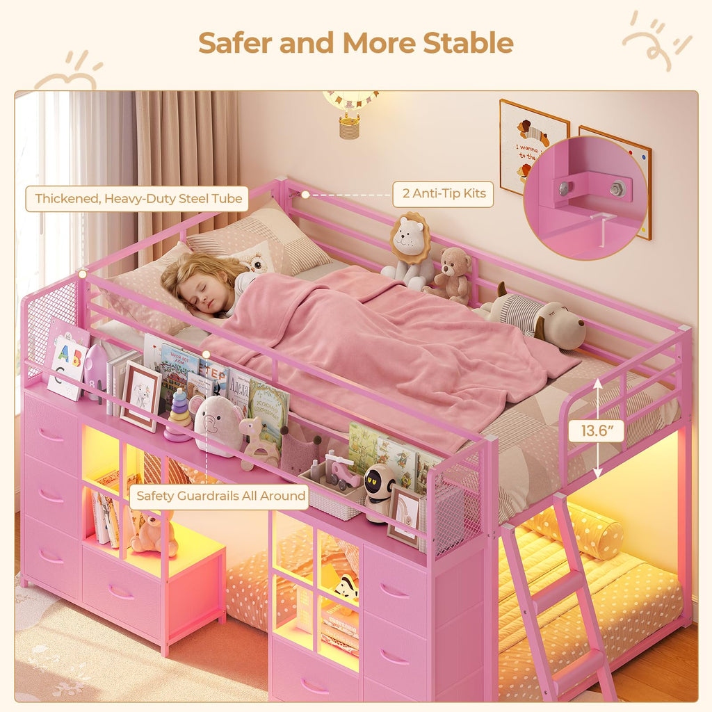 Twin Over Twin Bunk Bed with 8 Drawers & Bookshelf D17288