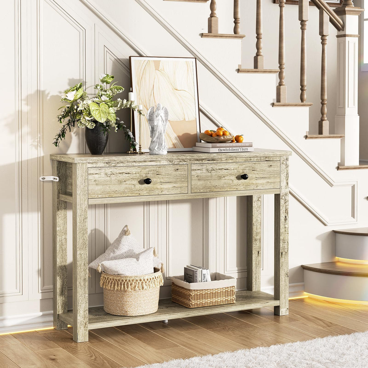 32 Inch Light Rustic Oak Console Table with 2 Drawers M994