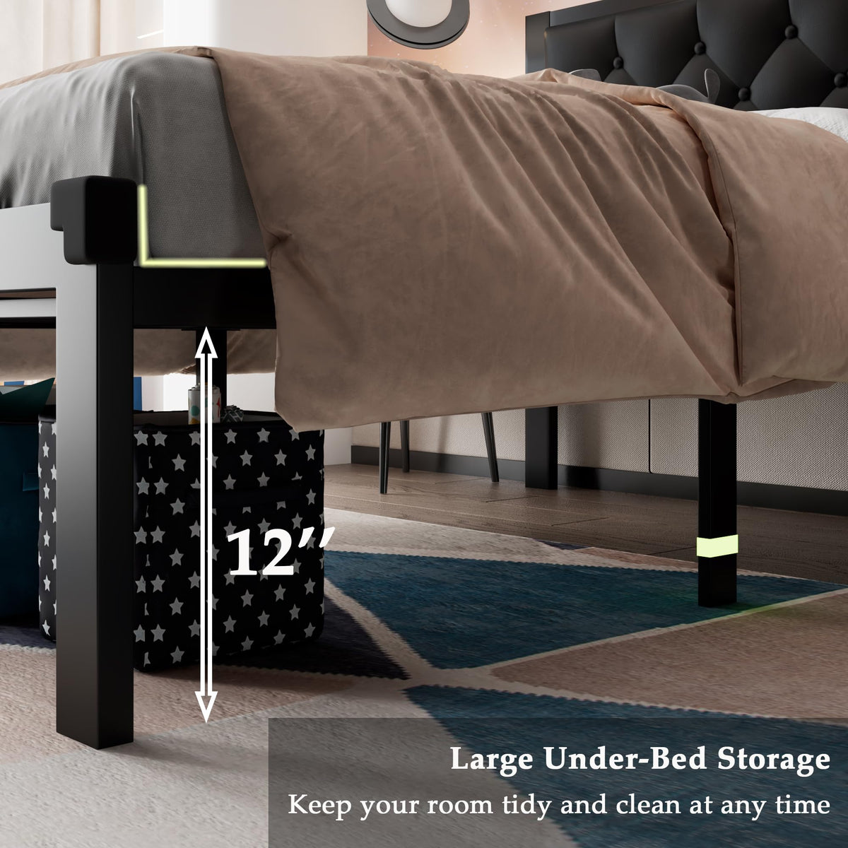 Twin Size Black Metal Platform Bed Frame with Faux Leather Tufted Headboard F1608