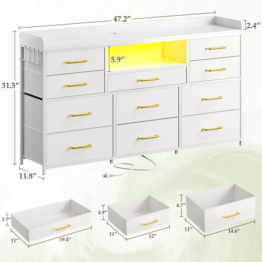 LED Dresser with Charging Station, 11 Drawers & 4 Hooks X931