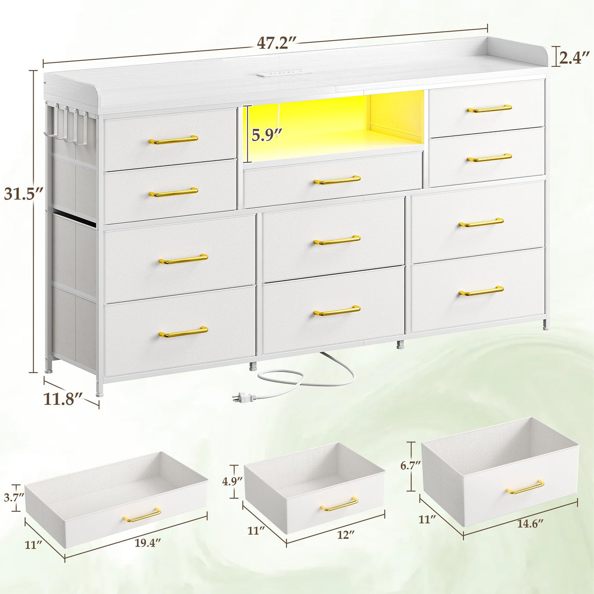 LED Dresser with Charging Station, 11 Drawers & 4 Hooks X931