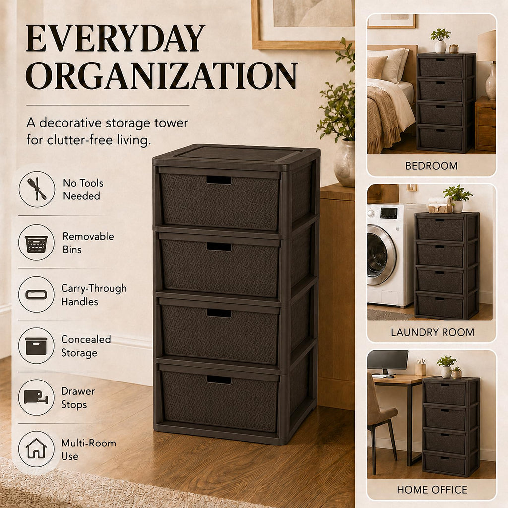 Brown 4-Drawer Plastic Storage Tower C52107