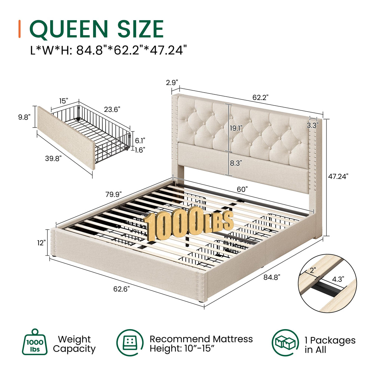 Queen Size Linen Upholstered Platform Bed Frame with 4 Storage Drawers Z54172