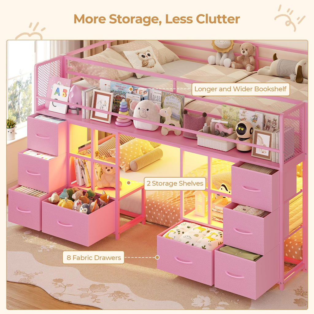 Twin Over Twin Bunk Bed with 8 Drawers & Bookshelf D17288