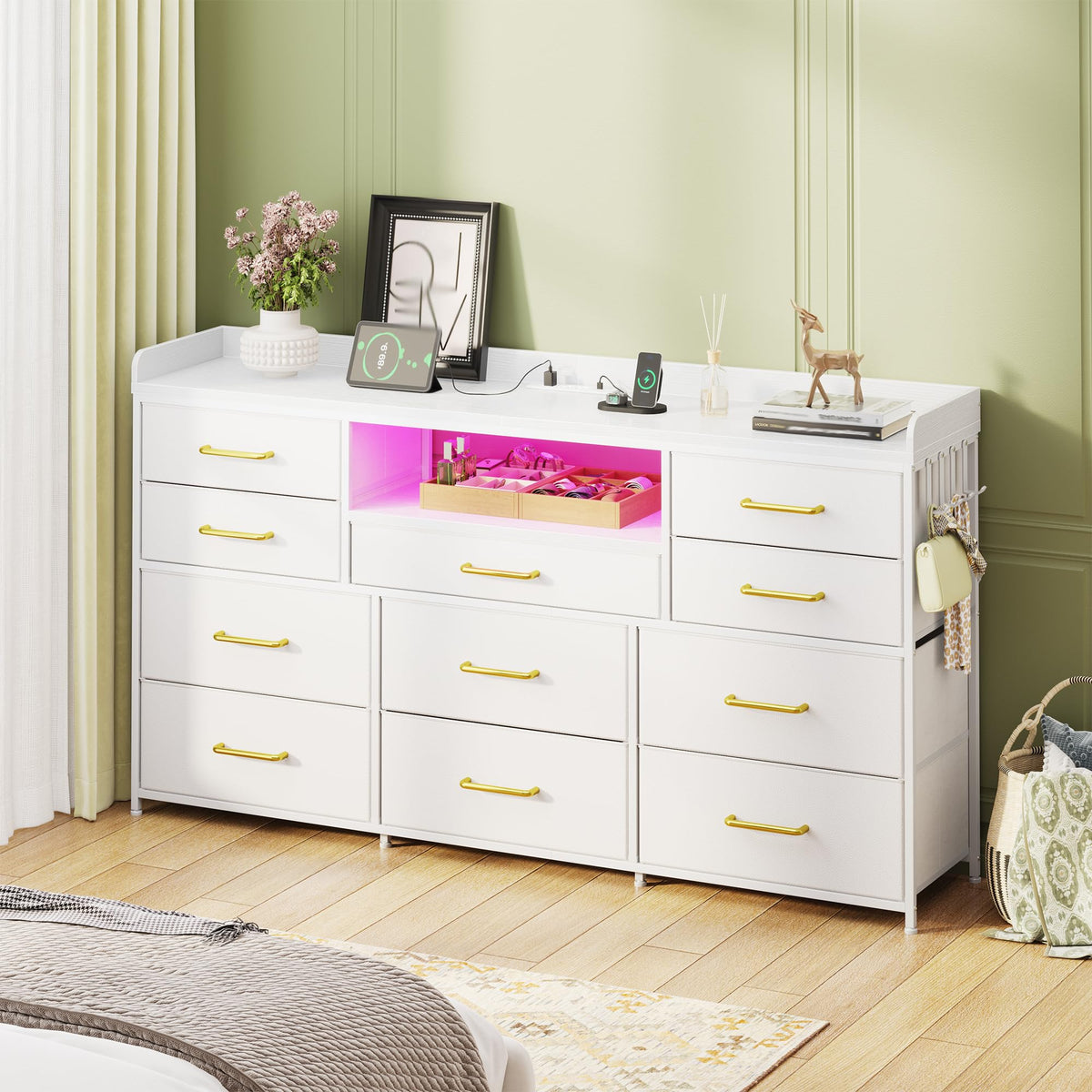 LED Dresser with Charging Station, 11 Drawers & 4 Hooks X931