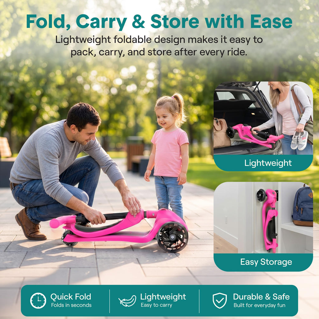 3 Wheel Scooter for Toddlers & Kids, Foldable Seat, LED Wheels, Adjustable Handlebar, Anti-Slip Deck, Rear Foot Brake, Lean-to-Steer, Pink K373819