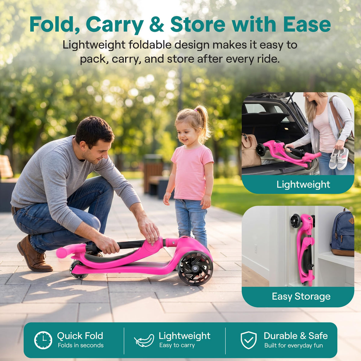 3 Wheel Scooter for Toddlers & Kids, Foldable Seat, LED Wheels, Adjustable Handlebar, Anti-Slip Deck, Rear Foot Brake, Lean-to-Steer, Pink K373819