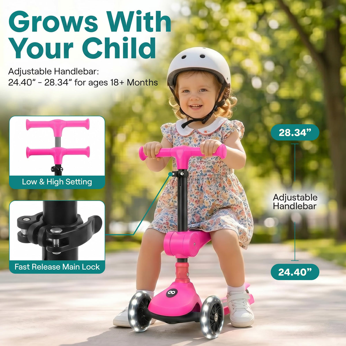 3 Wheel Scooter for Toddlers & Kids, Foldable Seat, LED Wheels, Adjustable Handlebar, Anti-Slip Deck, Rear Foot Brake, Lean-to-Steer, Pink K373819