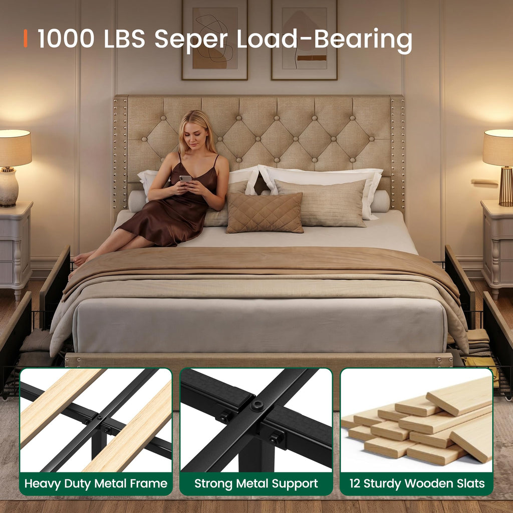 Queen Size Linen Upholstered Platform Bed Frame with 4 Storage Drawers Z54172
