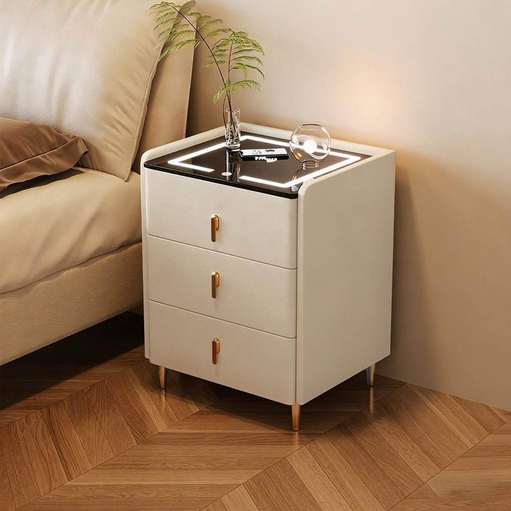 Off White 3 Drawer Wooden Nightstand with Wireless Charging I7684