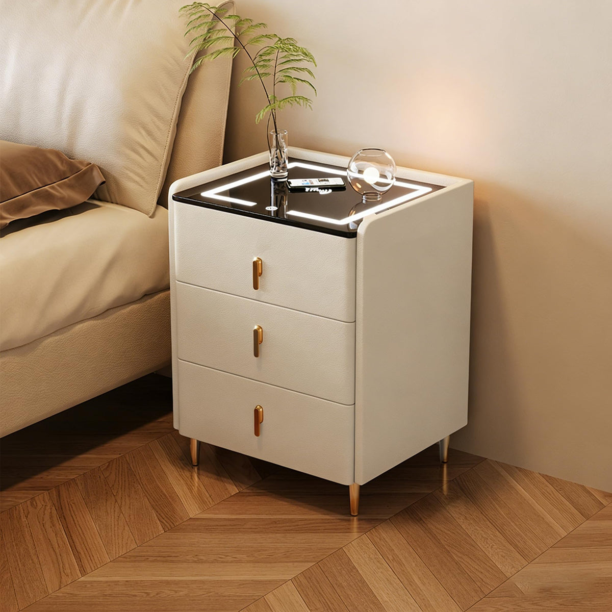 Off White 3 Drawer Wooden Nightstand with Wireless Charging I7684