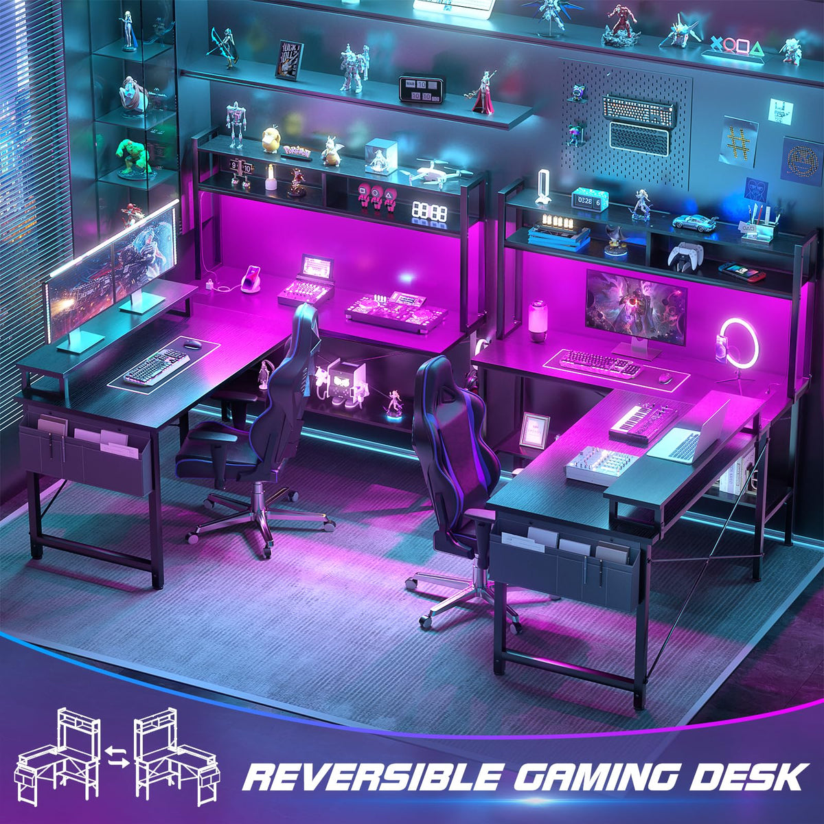 L Shaped Gaming Desk with Power Outlets & LED Lights, Black O592