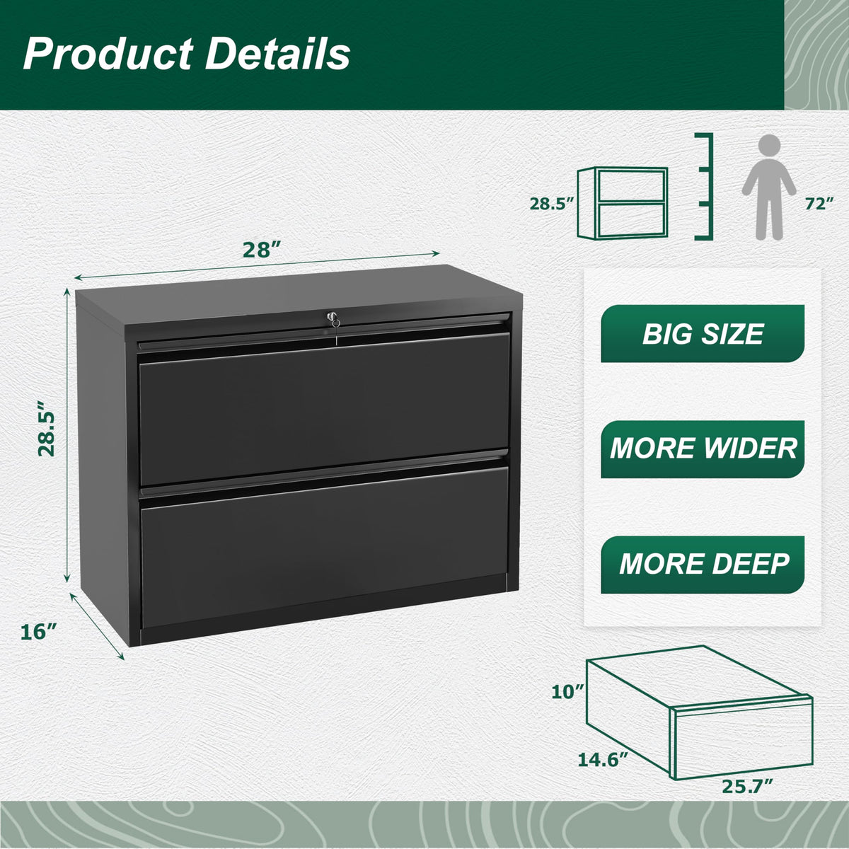 Black 2 Drawer Metal File Cabinet with Lock W71473