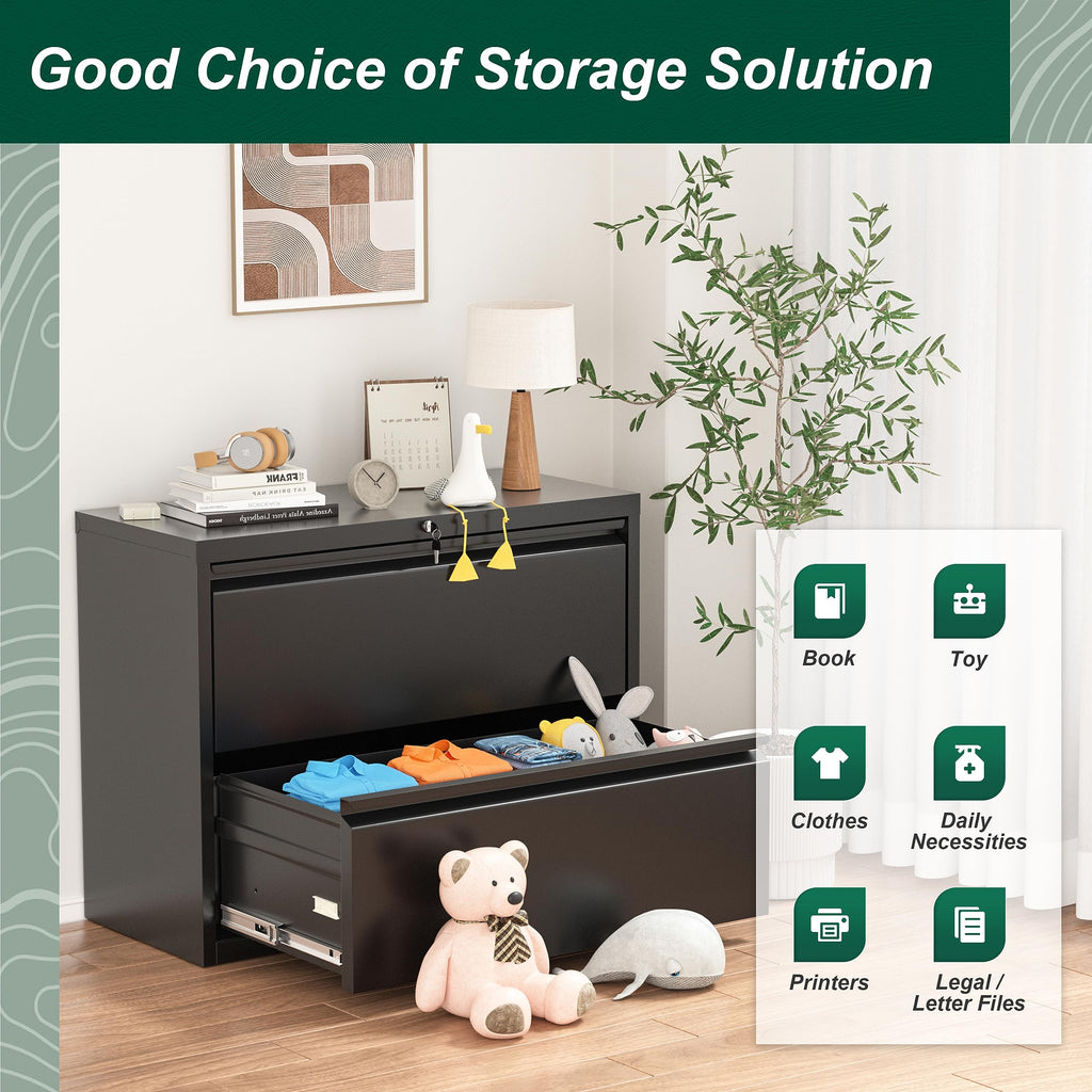 Black 2 Drawer Metal File Cabinet with Lock W71473