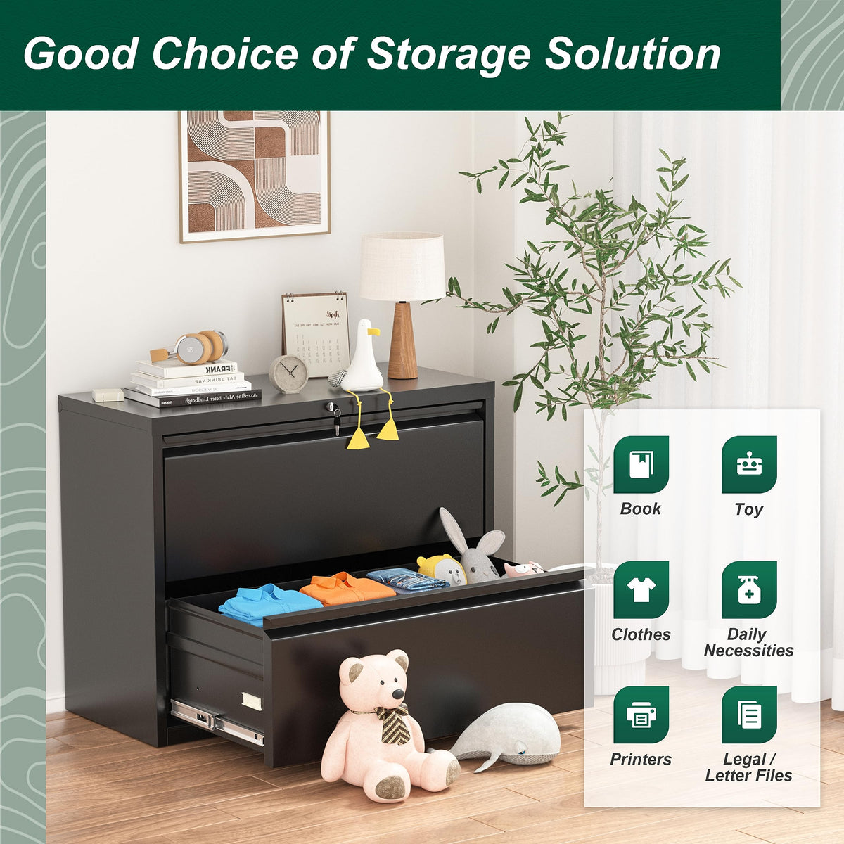 Black 2 Drawer Metal File Cabinet with Lock W71473