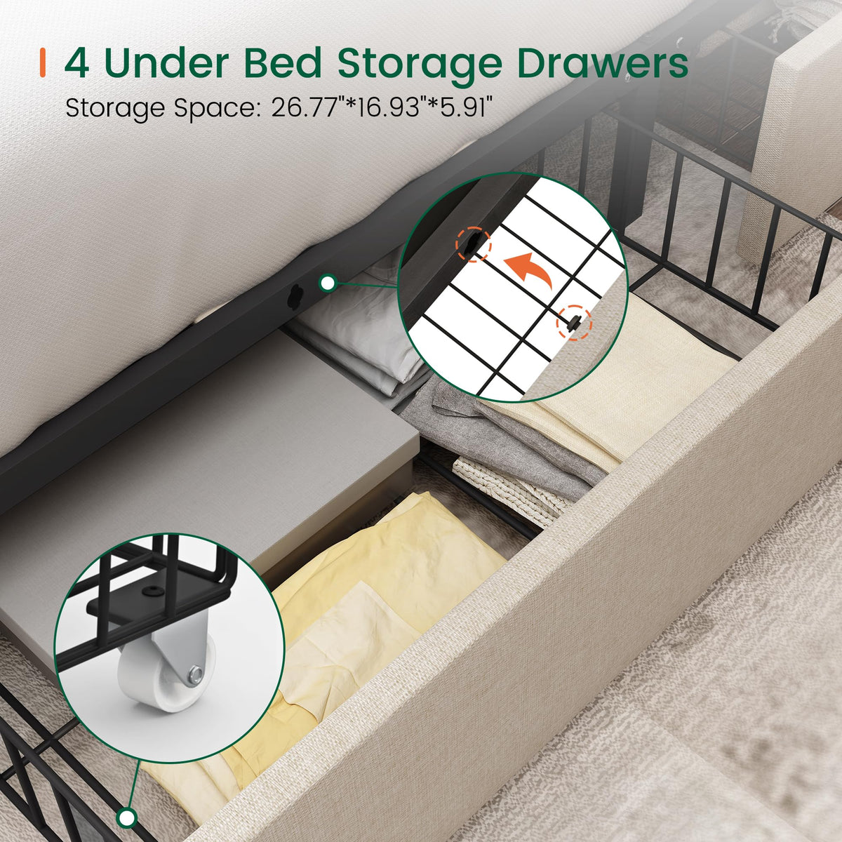 Queen Size Linen Upholstered Platform Bed Frame with 4 Storage Drawers Z54172