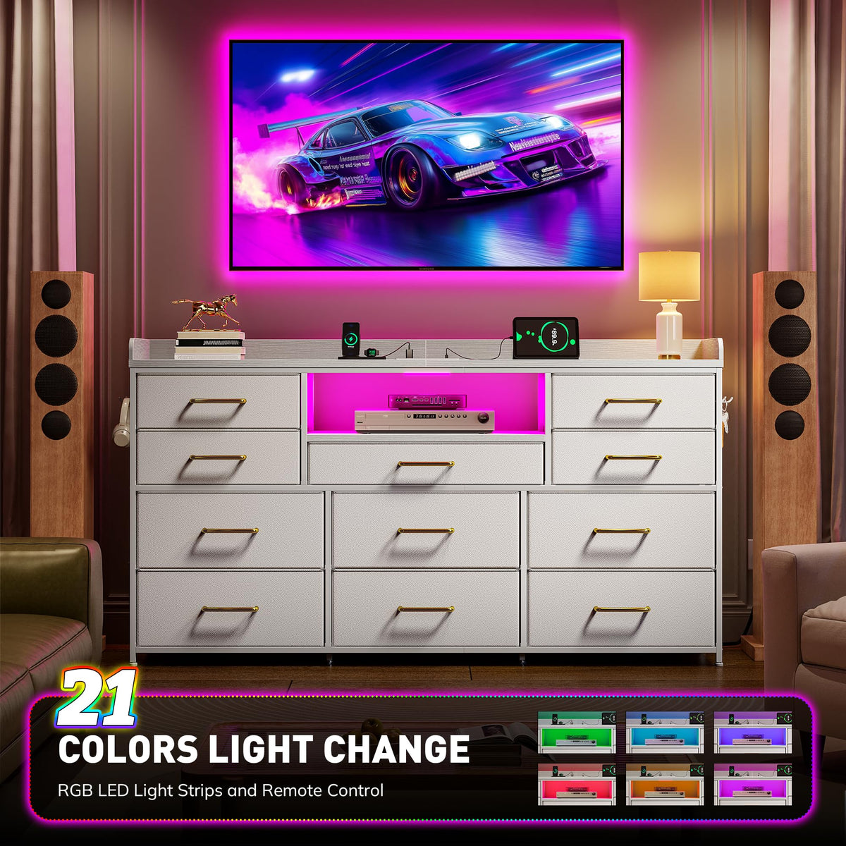 LED Dresser with Charging Station, 11 Drawers & 4 Hooks X931