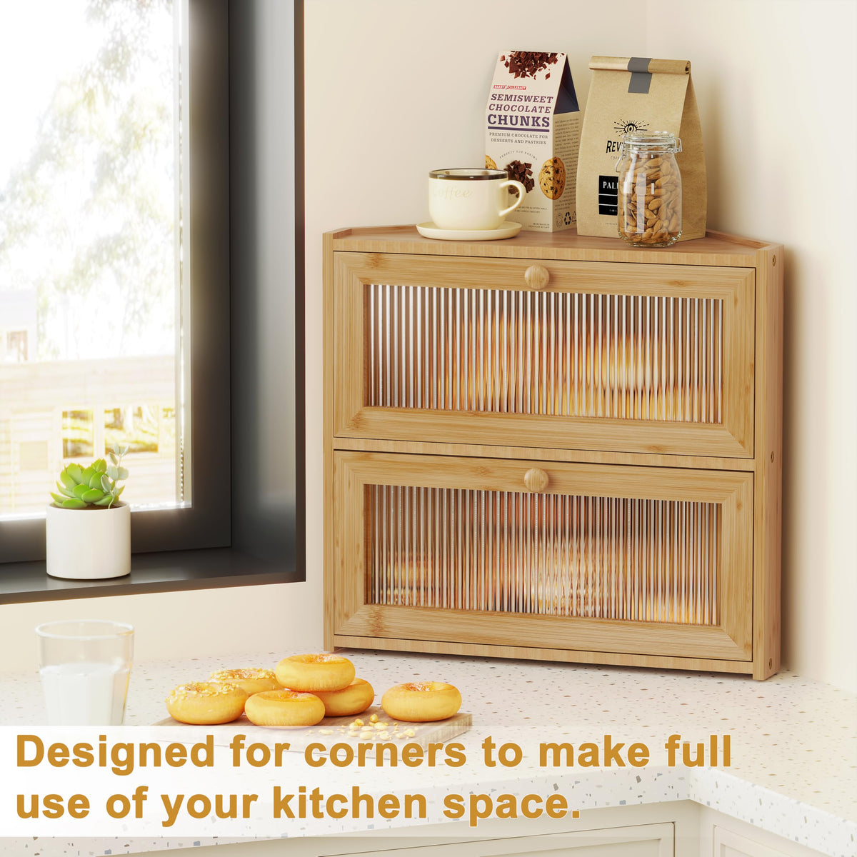 Double Layer Bamboo Bread Box with Wavy Windows H614536