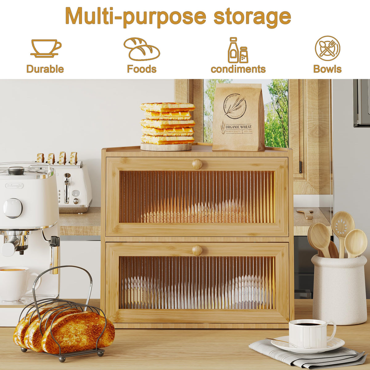 Double Layer Bamboo Bread Box with Wavy Windows H614536