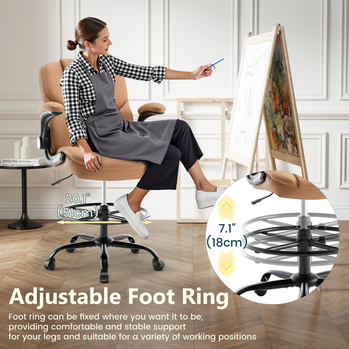 Brown PU Leather Drafting Chair with Flip-up Armrests C69855