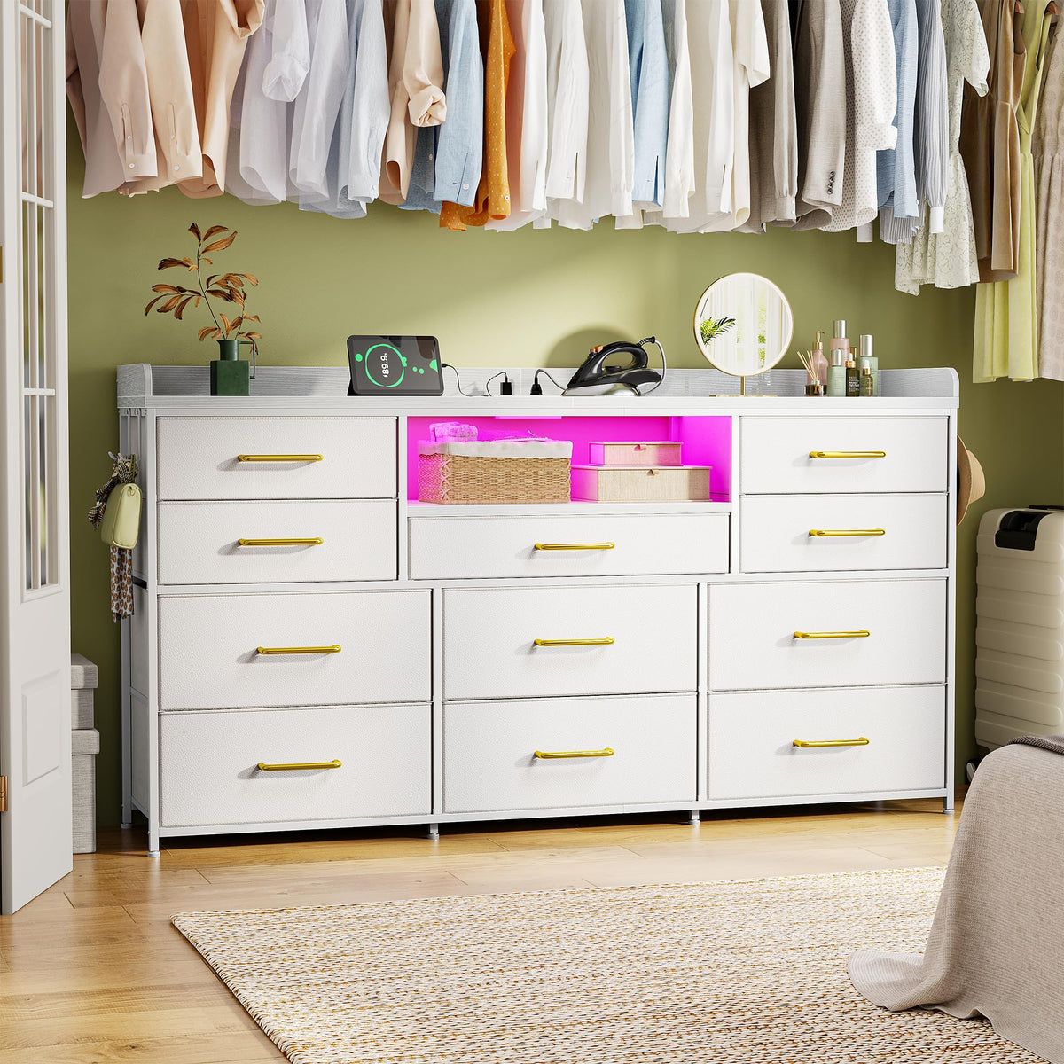 LED Dresser with Charging Station, 11 Drawers & 4 Hooks X931